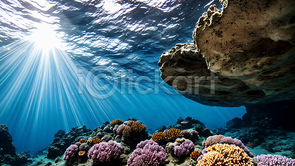 사람없음 JPG 편집이미지 바다 바닷속 산호초 수중 자연 파란색 풍경(경치) 햇빛