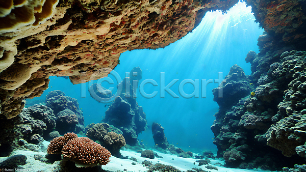사람없음 JPG 편집이미지 바다 바닷속 바위(돌) 산호초 수중 자연 파란색 풍경(경치) 햇빛
