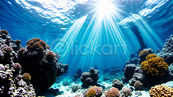 사람없음 JPG 편집이미지 바다 바닷속 산호초 수중 자연 파란색 풍경(경치) 햇빛