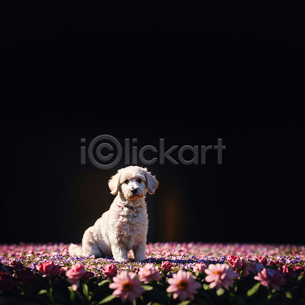 사람없음 JPG 디지털합성 편집이미지 강아지 개 꽃 꽃밭 동물 앉기 편집소스 한마리