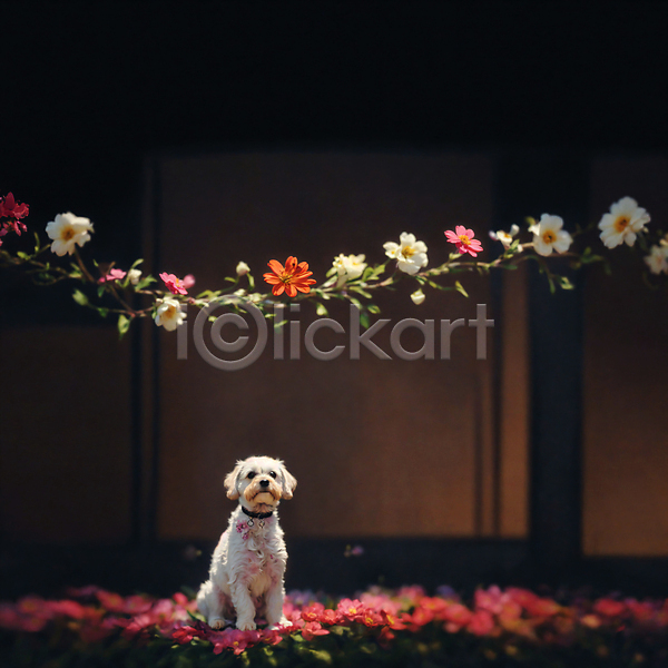 사람없음 JPG 디지털합성 편집이미지 가랜드 강아지 개 꽃 꽃밭 동물 앉기 올려보기 편집소스 한마리