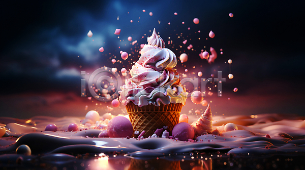 달콤 상상 사람없음 JPG 디지털합성 편집이미지 구름(자연) 몽환 반짝임 빛 아이스크림 콘아이스크림 판타지 편집소스 하늘