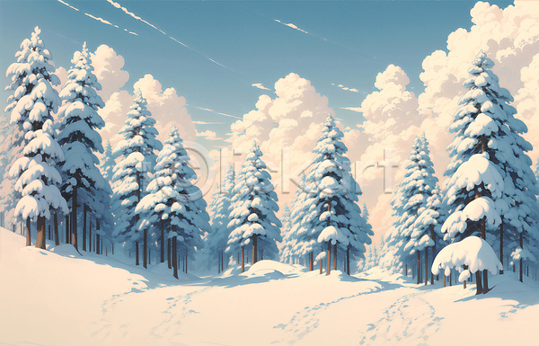 사람없음 JPG 일러스트 겨울풍경 구름(자연) 나무 눈(날씨) 눈덮임 설산 설원 야외 자연 하늘 흰색