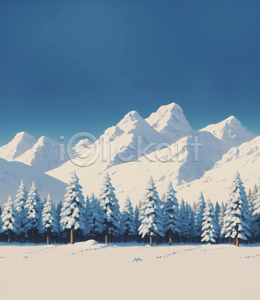 사람없음 JPG 일러스트 겨울풍경 나무 눈(날씨) 눈덮임 설산 설원 야외 자연 하늘 하늘색 흰색