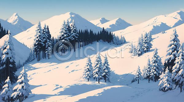 사람없음 JPG 일러스트 겨울풍경 나무 눈(날씨) 눈덮임 설산 설원 야외 자연 하늘 흰색