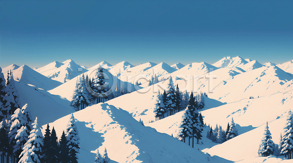 사람없음 JPG 일러스트 겨울풍경 나무 눈(날씨) 눈덮임 설산 설원 야외 자연 하늘 하늘색 흰색