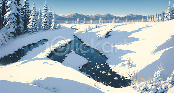 사람없음 JPG 일러스트 강 겨울풍경 나무 눈(날씨) 눈덮임 설산 설원 야외 자연 하늘 흰색