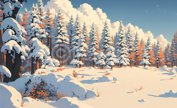 사람없음 JPG 일러스트 겨울풍경 구름(자연) 나무 눈(날씨) 눈덮임 설산 설원 야외 자연 하늘