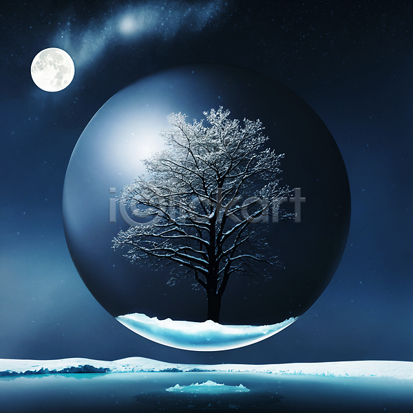 사람없음 JPG 디지털합성 편집이미지 겨울 구슬 나무 눈(날씨) 눈덮임 밤하늘 보름달 원형 자연 편집소스 풍경(경치)