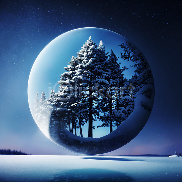 사람없음 JPG 디지털합성 편집이미지 겨울 구슬 나무 눈(날씨) 눈덮임 밤하늘 원형 자연 파란색 편집소스 풍경(경치)