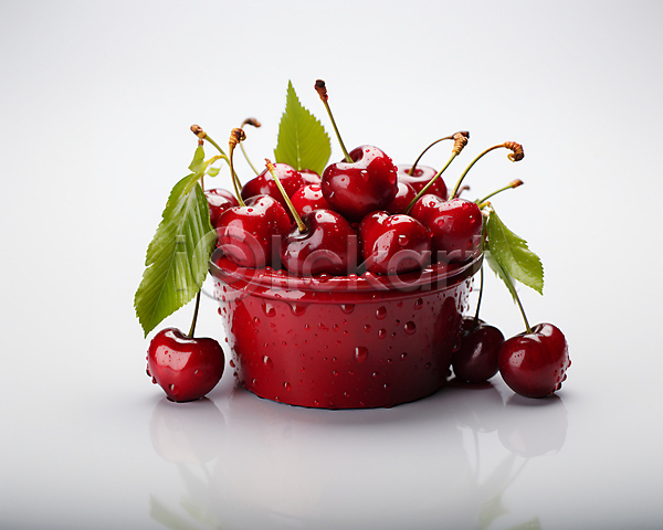 사람없음 JPG 편집이미지 과일 담기 물방울 빨간색 수분 스튜디오촬영 여러개 용기(그릇) 잎 체리