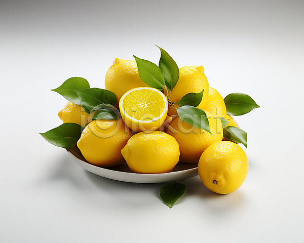 사람없음 JPG 편집이미지 과일 노란색 단면 담기 레몬 스튜디오촬영 여러개 잎 접시
