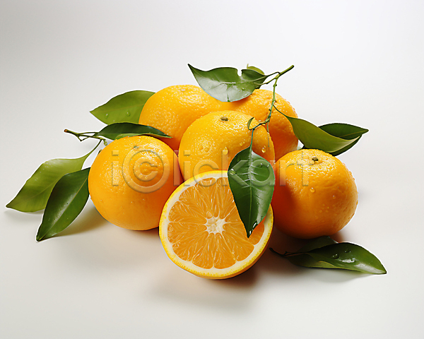 사람없음 JPG 편집이미지 과일 귤 단면 스튜디오촬영 여러개 오렌지 잎 주황색
