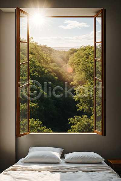 포근함 사람없음 JPG 디지털합성 편집이미지 나무 라이프스타일 베개 빛망울 숲 실내 오픈 이불 인테리어 창문 침대 침실 햇빛
