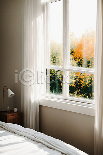 포근함 사람없음 JPG 디지털합성 편집이미지 나뭇잎 라이프스타일 실내 이불 인테리어 창문 침대 침실 커튼 햇빛 흰색