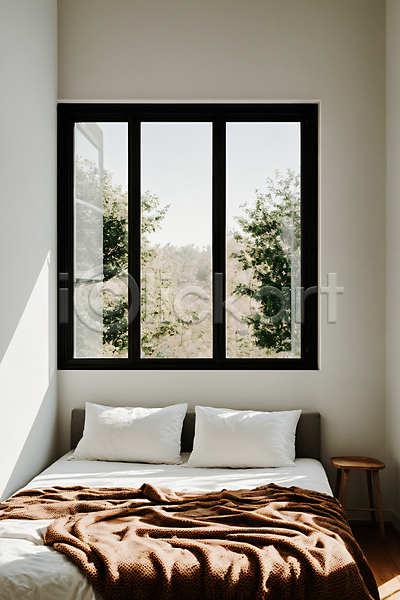 포근함 사람없음 JPG 디지털합성 편집이미지 나뭇잎 라이프스타일 베개 실내 이불 인테리어 창문 침대 침실