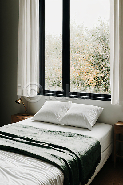 포근함 사람없음 JPG 디지털합성 편집이미지 나뭇잎 라이프스타일 베개 실내 이불 인테리어 창문 침대 침실 커튼