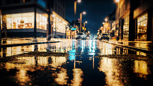 JPG 아웃포커스 편집이미지 가로등 거리 건물 반사 비(날씨) 빛 상점 야간 야경 야외 웅덩이 자동차 젖음 풍경(경치) 흐림