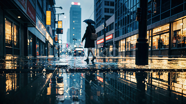 성인 성인여자한명만 여자 한명 JPG 편집이미지 거리 건물 걷기 들기 반사 비(날씨) 빛 상점 야외 우산 웅덩이 자동차 젖음 풍경(경치) 흐림