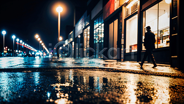 성인 성인남자한명만 한명 JPG 편집이미지 거리 건물 걷기 반사 비(날씨) 빛 상점 야간 야외 웅덩이 자동차 젖음 풍경(경치) 흐림