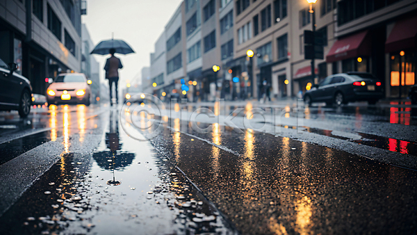 성인남자한명만 한명 JPG 편집이미지 거리 건물 걷기 들기 반사 비(날씨) 빛 상점 야외 우산 웅덩이 자동차 젖음 풍경(경치) 흐림
