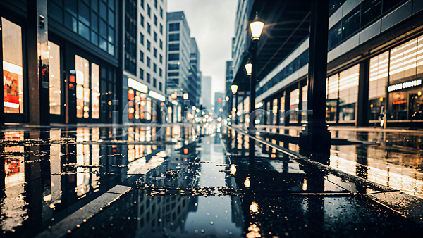 사람없음 JPG 편집이미지 가로등 거리 건물 반사 비(날씨) 빛 상점 야외 웅덩이 젖음 풍경(경치) 흐림
