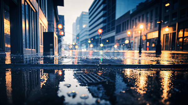 사람없음 JPG 편집이미지 가로등 거리 건물 반사 비(날씨) 빛 상점 야외 웅덩이 젖음 풍경(경치) 흐림