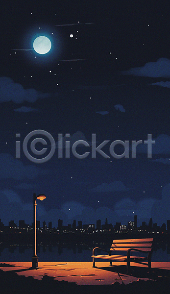 사람없음 JPG 실루엣 일러스트 가로등 건물 구름(자연) 남색 도시 밤하늘 백그라운드 벤치 별 보름달 빛 야경 어둠 풍경(경치)
