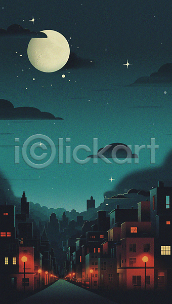 사람없음 JPG 일러스트 가로등 거리 건물 구름(자연) 도시 밤하늘 백그라운드 별 보름달 야경 주택 주택가 청록색 풍경(경치)