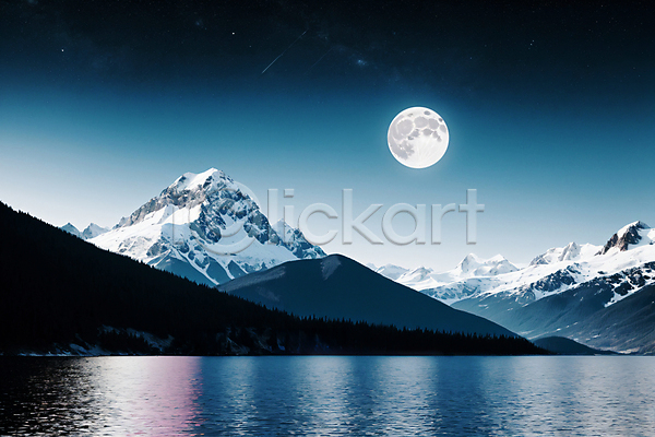 사람없음 JPG 디지털합성 편집이미지 달 밤하늘 별 산 유성 자연 파란색 풍경(경치) 호수