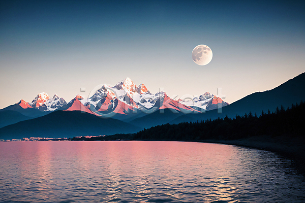 사람없음 JPG 디지털합성 편집이미지 눈덮임 달 밤하늘 산 자연 풍경(경치) 호수