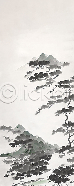 사람없음 JPG 일러스트 검은색 나무 동양화 먹 백그라운드 번짐 붓터치 산 산수화 소나무 자연 카피스페이스 풍경(경치)