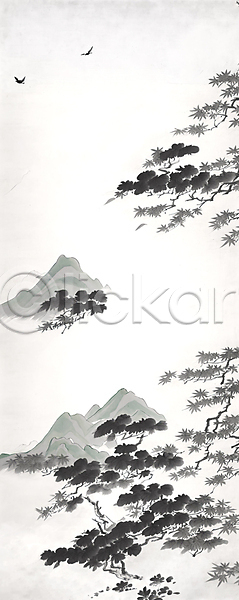 사람없음 JPG 일러스트 검은색 나무 동양화 먹 백그라운드 번짐 붓터치 산 산수화 소나무 자연 조류 카피스페이스 풍경(경치)
