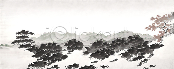 사람없음 JPG 일러스트 가을(계절) 검은색 나무 단풍 동양화 먹 백그라운드 번짐 붓터치 산 산수화 자연 카피스페이스 풍경(경치)