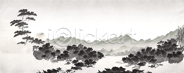 사람없음 JPG 일러스트 검은색 나무 동양화 먹 백그라운드 번짐 붓터치 산 산수화 소나무 자연 카피스페이스 풍경(경치)