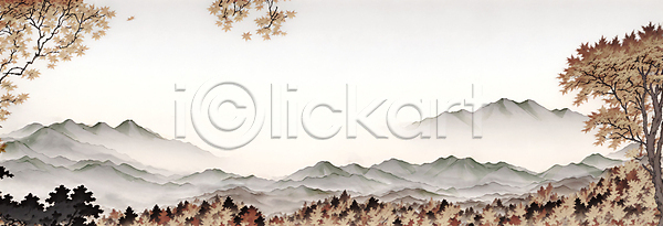 사람없음 JPG 일러스트 가을(계절) 나무 낙엽 단풍 동양화 백그라운드 번짐 붓터치 산 산수화 자연 카피스페이스 풍경(경치)