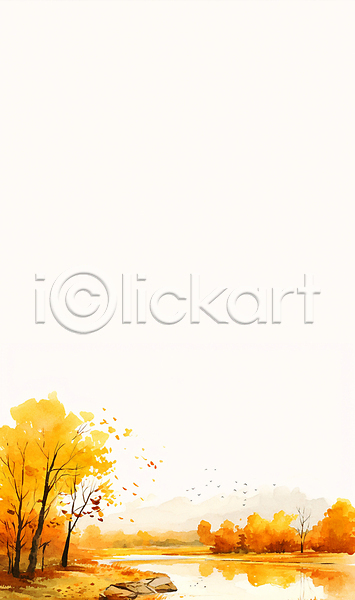 사람없음 JPG 일러스트 가을(계절) 가을풍경 강 노란색 단풍나무 바위(돌) 백그라운드 수채화(물감) 은행나무 자연 카피스페이스 풍경(경치) 하늘