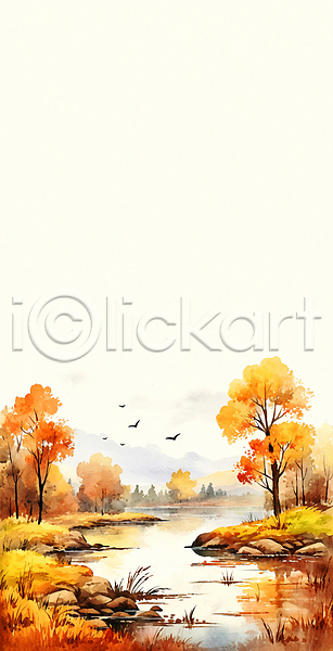 사람없음 JPG 일러스트 가을(계절) 가을풍경 갈대(식물) 강 단풍나무 바위(돌) 백그라운드 수채화(물감) 자연 조류 카피스페이스 풍경(경치) 하늘