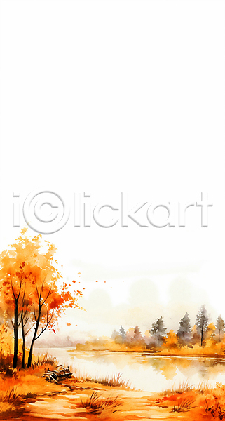 사람없음 JPG 일러스트 가을(계절) 가을풍경 강 단풍나무 백그라운드 수채화(물감) 자연 주황색 카피스페이스 풍경(경치) 하늘