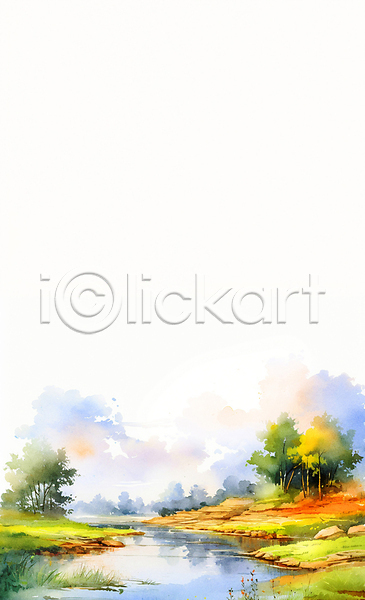 사람없음 JPG 일러스트 가을(계절) 가을풍경 강 구름(자연) 나무 바위(돌) 백그라운드 수채화(물감) 자연 카피스페이스 풍경(경치) 하늘