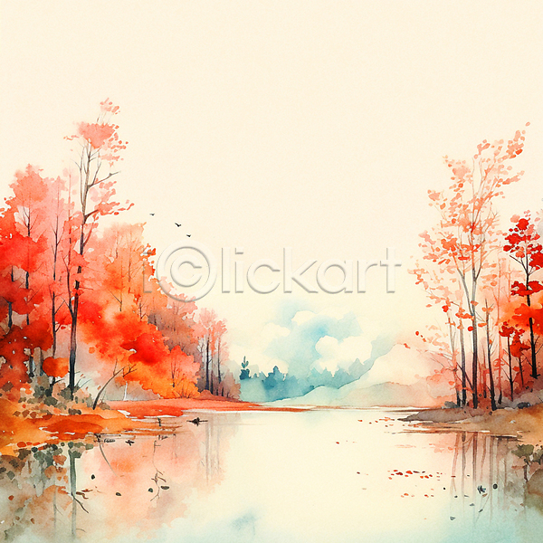 사람없음 JPG 일러스트 가을(계절) 가을풍경 강 구름(자연) 낙엽 단풍나무 반사 백그라운드 산 수채화(물감) 자연 풍경(경치) 하늘
