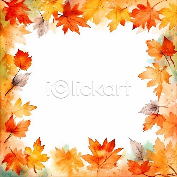 감성 사람없음 JPG 일러스트 가을(계절) 나뭇잎 단풍 백그라운드 번짐 붓터치 수채화(물감) 주황색 카피스페이스 프레임