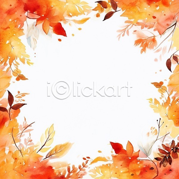 감성 사람없음 JPG 일러스트 가을(계절) 나뭇가지 나뭇잎 단풍 백그라운드 번짐 붓터치 수채화(물감) 주황색 카피스페이스 프레임