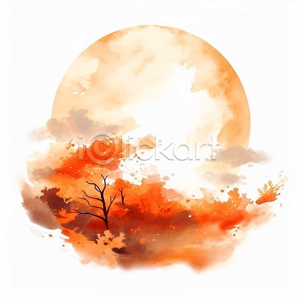 감성 사람없음 JPG 일러스트 가을(계절) 구름(자연) 단풍 단풍나무 달 백그라운드 번짐 붓터치 수채화(물감) 주황색 카피스페이스 프레임