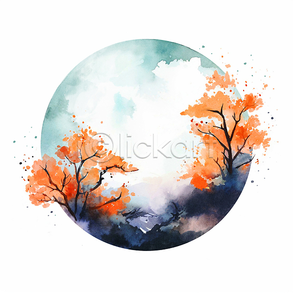 감성 사람없음 JPG 일러스트 가을(계절) 구름(자연) 단풍 단풍나무 백그라운드 번짐 붓터치 수채화(물감) 안개 원형 풍경(경치)