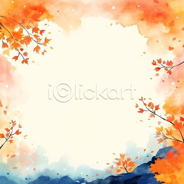 감성 사람없음 JPG 일러스트 가을(계절) 나뭇가지 낙엽 단풍 백그라운드 번짐 붓터치 수채화(물감) 주황색 카피스페이스 프레임