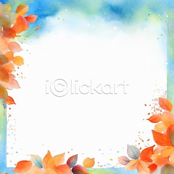 감성 사람없음 JPG 일러스트 가을(계절) 나뭇잎 낙엽 단풍 백그라운드 번짐 붓터치 수채화(물감) 잎 주황색 카피스페이스 파란색 프레임