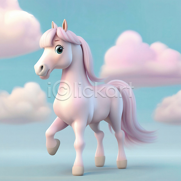 귀여움 사람없음 3D JPG 디지털합성 편집이미지 구름(자연) 동물캐릭터 말(동물) 말띠 분홍색 십이지신 십이지신캐릭터 한마리