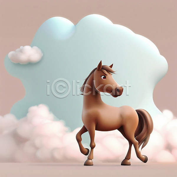 귀여움 사람없음 3D JPG 디지털합성 편집이미지 구름(자연) 동물캐릭터 말(동물) 말띠 십이지신 십이지신캐릭터 한마리