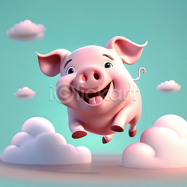귀여움 사람없음 3D JPG 디지털합성 편집이미지 구름(자연) 동물캐릭터 돼지 돼지띠 십이지신 십이지신캐릭터 점프 한마리